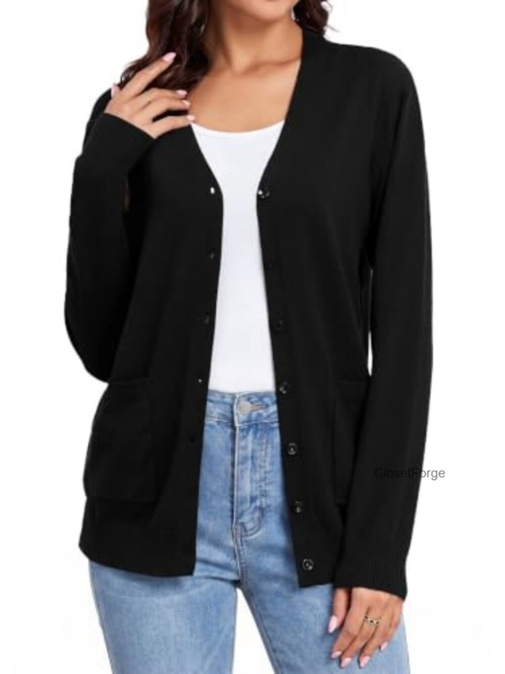 Women's Lightweight V-Neck Long Sleeve Knit Button Cardigan with Pockets